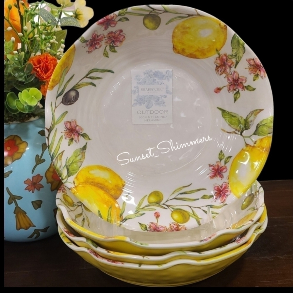 4pc Italian Lemon & Olive Branch Melamine Scalloped Salad Pasta Bowl Set New